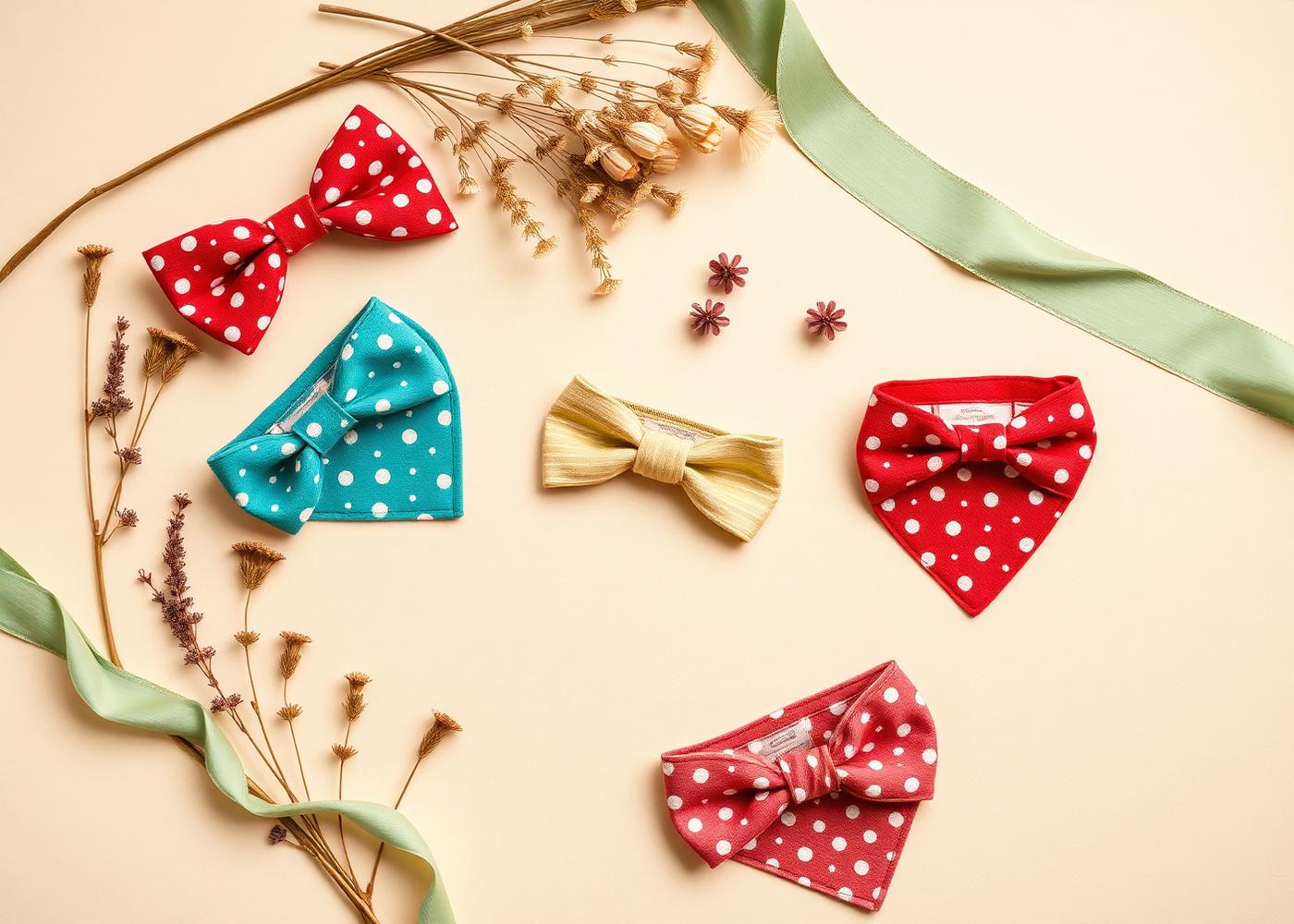 Flat lay of colorful dog bandanas and bow ties