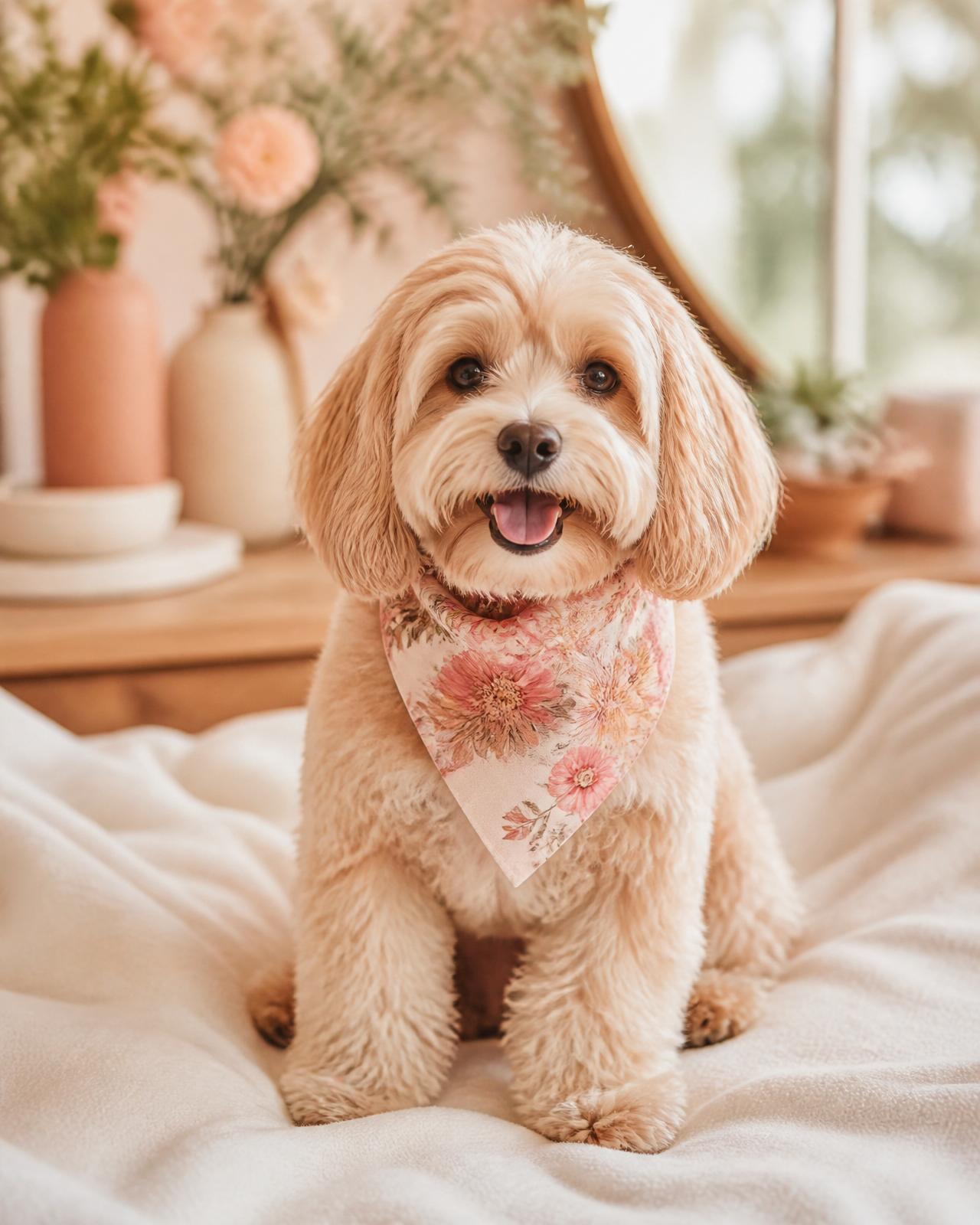Happy fluffy cream dog wearing a soft floral bandana in a warm boutique setting